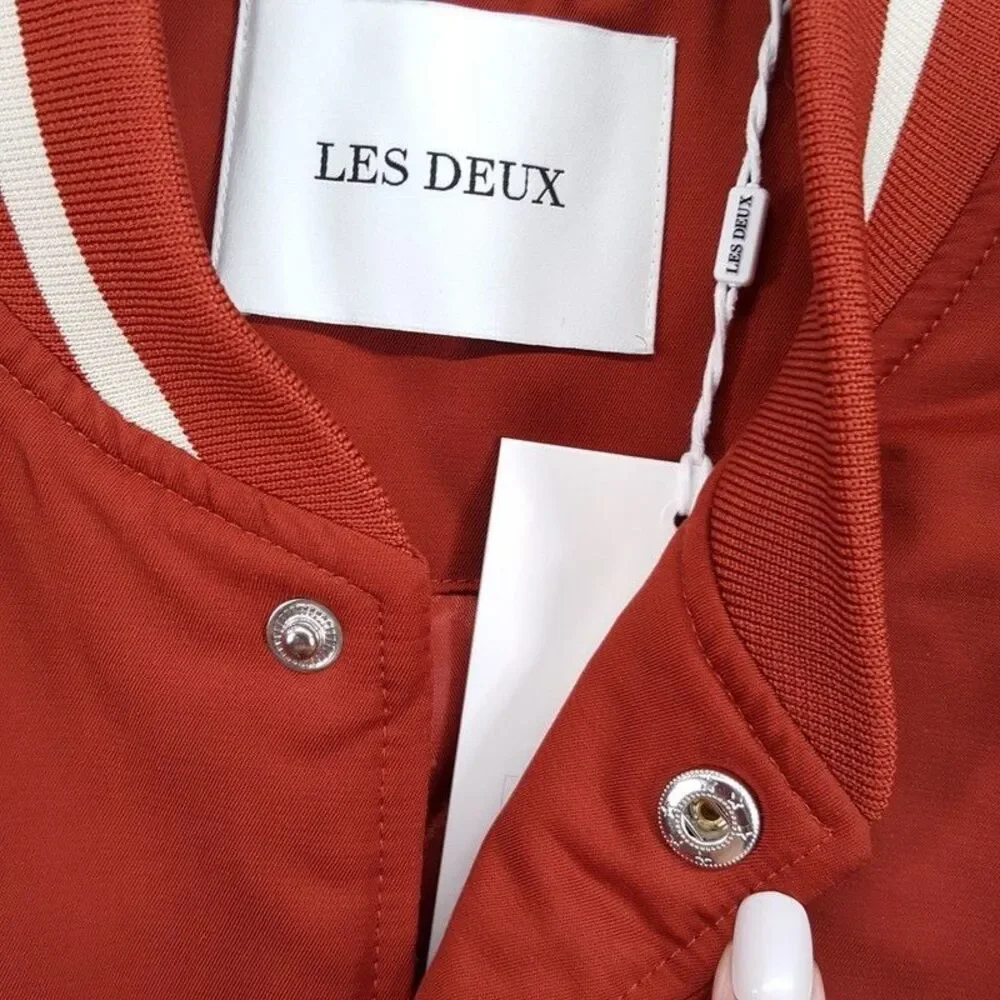 LES DEUX Varsity Jacket Mens Large Red Orange Stripe Tech Quilted Lining $319